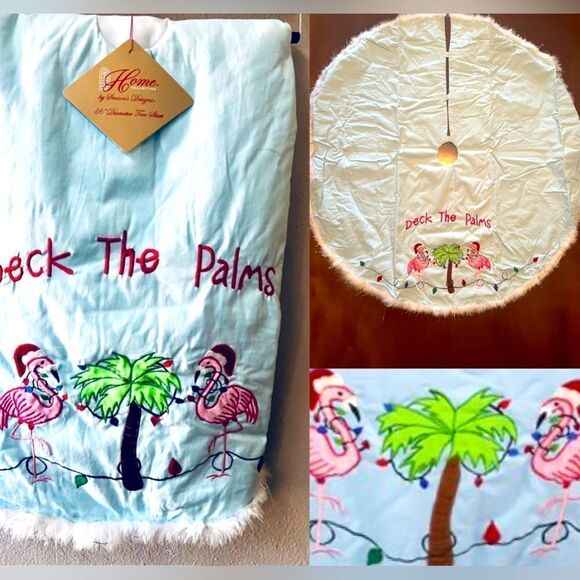 HOME COLLECTIONS SEASONS DESIGN LT. BLUE “DECK THE PALMS FLAMINGO TREE SKIRT~NWT - Picture 1 of 6